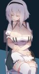  1girl anchor_choker apron azur_lane bangs blush breasts choker cleavage closed_eyes closed_mouth collarbone eyebrows_visible_through_hair frilled_apron frilled_choker frills hair_between_eyes hands_together highres lace-trimmed_hairband large_breasts maid_apron puffy_sleeves red_ribbon ribbon ribbon-trimmed_legwear ribbon_trim shiny shiny_skin short_hair short_sleeves sidelocks sirius_(azur_lane) sitting solo thighhighs tilt-shift twitter_username waist_apron white_apron white_hair 