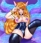  &lt;3 absolute_territory absurd_res ahri_(lol) animal_humanoid bracelet breasts canid canid_humanoid canine canine_humanoid cleavage clothed clothing collar ear_piercing ear_ring facial_markings fangs female fox_humanoid gesture half-closed_eyes head_markings hi_res humanoid jewelry league_of_legends legwear leotard looking_at_viewer mammal mammal_humanoid markings multi_tail nightlycatgirl piercing riot_games v_sign video_games 