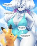  2019 anthro anthrofied beach big_breasts bodily_fluids breasts clothing detailed_background dragon english_text eyewear female front_view fur glasses hi_res huge_breasts legendary_pok&eacute;mon mammal mature_female mleonheart nintendo nipple_outline pikachu pok&eacute;mon pok&eacute;mon_(species) reshiram rodent seaside size_difference smile standing swimwear text video_games voluptuous water white_fur 