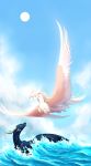  2019 absurd_res curved_horn day detailed_background digital_media_(artwork) dragon feathered_dragon feathered_wings feathers flying hair hi_res horn outside partially_submerged sky wings wrappedvi 