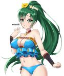  1girl absurdres blue_swimsuit breasts cleavage earrings fire_emblem fire_emblem:_the_blazing_blade fire_emblem_heroes flower green_eyes green_hair hair_flower hair_ornament highres jewelry long_hair lyn_(fire_emblem) navel ponytail simple_background solo steeb26 swimsuit twitter_username white_background 