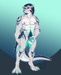  anthro balls hair hi_res holding_penis horn humanoid_penis looking_at_viewer male nude penis pubes scalie simple_background solo standing tanks_(artist) 