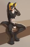  2019 4_toes abs anthro balls barefoot black_penis blonde_hair brown_eyes digital_media_(artwork) digitigrade dragon hair hi_res male penis solo toes yasmil 