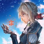  1girl anonamos blonde_hair blue_eyes blue_jacket blue_sky braid brooch cloud crying crying_with_eyes_open english_commentary from_side hair_between_eyes hair_intakes hair_ribbon highres jacket jewelry kyoto_animation mechanical_hand mechanical_hands prosthesis prosthetic_arm prosthetic_hand red_ribbon ribbon sky star_(sky) starry_sky tears violet_evergarden violet_evergarden_(character) white_neckwear 