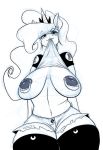  2019 anthro areola big_breasts blue_eyes blush breasts clothed clothing clothing_lift digital_media_(artwork) equid female flashing friendship_is_magic hair horn inverted_nipples legwear long_hair looking_at_viewer mammal monochrome mouth_hold my_little_pony nipple_piercing nipples piercing princess_luna_(mlp) shirt shirt_lift sketch solo spot_color topwear unicorn wide_hips zwitterkitsune 