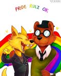  2019 angus_delaney anthro canid canine clothing eyewear fox fur glasses gregg_lee hat headgear headwear hi_res lgbt_pride male mammal night_in_the_woods pride_colors smile topwear toy-bonnie ursid video_games 