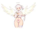  1girl absurdres angel_wings bracelet breasts ce-_-3 center_opening chinese_clothes cleavage_cutout commission copyright_request halo highres huge_breasts jewelry long_hair looking_at_viewer navel_piercing nipple_piercing piercing pubic_tattoo simple_background smile tagme tattoo tongue tongue_out white_background wings 