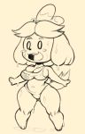  animal_crossing anthro breasts canid canine canis clothed clothing domestic_dog female fur hair isabelle_(animal_crossing) mammal monochrome nintendo open_mouth purple_yoshi_draws shih_tzu short_stack simple_background solo swimwear thick_thighs toy_dog video_games water wet wide_hips yellow_fur 