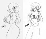  2019 4_fingers black_and_white breasts clothed clothing exposed_breasts eyebrows female fingers gardevoir graphite_(artwork) hair hair_over_eye humanoid kevinsano looking_at_viewer monochrome nintendo nipples non-mammal_breasts not_furry pencil_(artwork) pok&eacute;mon pok&eacute;mon_(species) sketch solo traditional_media_(artwork) video_games 
