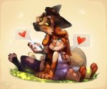  &lt;3 4_toes anthro blue_eyes brown_hair canid canine canis clothed clothing digital_media_(artwork) domestic_dog duo female fox green_eyes hair male mammal smile toes ulitochka 