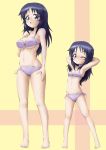  2girls :o ;) absurdres armpits arms_behind_head arms_up ass_visible_through_thighs bangs barefoot bikini blue_eyes blue_hair blush breasts child closed_mouth commentary daxz240r freckles front-tie_bikini front-tie_top girls_und_panzer groin hand_on_own_chest highres legs long_hair looking_at_viewer medium_breasts multiple_girls navel one_eye_closed open_mouth purple_bikini side-tie_bikini small_breasts smile standing swimsuit time_paradox v-shaped_eyebrows yamagou_ayumi yellow_background younger 