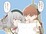  2girls artist_request bangs beret blue_background blue_eyes blush brown_eyes brown_hair closed_mouth collared_shirt commentary covering_mouth epaulettes eyebrows_visible_through_hair frilled_sleeves frills gloves grey_hair grey_shirt hair_between_eyes hat kantai_collection kashima_(kantai_collection) long_hair long_sleeves machinery military military_uniform multiple_girls neckerchief ooi_(kantai_collection) red_neckwear remodel_(kantai_collection) rigging school_uniform serafuku shirt silver_hair simple_background smile sweat thought_bubble torpedo torpedo_launcher torpedo_tubes translated turret twintails uniform upper_body z-flag 