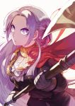  1girl absurdres axe bigglyboof blonde_hair closed_mouth edelgard_von_hresvelgr_(fire_emblem) fire_emblem fire_emblem:_three_houses gloves hair_ribbon highres holding holding_axe long_hair long_sleeves ribbon simple_background solo uniform upper_body white_background white_gloves 