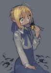  1girl artoria_pendragon_(all) bangs beetle blonde_hair braid braided_bun bug chopsticks collared_shirt eating fate/stay_night fate_(series) flat_chest green_eyes grey_background hair_bun highres insect long_sleeves open_mouth saber sharp_teeth shirt simple_background sitting solo teeth tekito03 what 