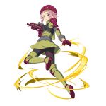  1girl black_pants boots full_body gloves green_footwear green_jacket gun hair_ornament hairclip hat highres holding holding_gun holding_weapon jacket leg_up lisbeth looking_at_viewer military_jacket official_art one_eye_closed pants pink_eyes pink_hair red_gloves red_headwear rifle short_hair solo sword_art_online thigh_boots thighhighs transparent_background weapon 