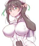  1girl :/ bangs black_hair blush bodysuit breasts bun_cover chinese_clothes closed_mouth covered_navel covered_nipples curvy double_bun eyebrows_visible_through_hair fate/grand_order fate_(series) fingerless_gloves frown gloves green_eyes green_ribbon hand_up highres large_breasts light_blush looking_at_viewer medium_breasts navel nipples perky_breasts plump puffy_nipples qin_liangyu_(fate) ribbon sidelocks simple_background skin_tight solo solo_focus standing togin white_background 