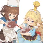  2girls :q apron bangs blonde_hair blue_dress blunt_bangs blush bowl bridgette_(granblue_fantasy) brown_hair character_request charlotta_fenia chef_hat chocolate chocolate_on_face commentary_request crown dress flipped_hair food food_on_face granblue_fantasy hair_between_eyes harvin hat long_hair maid_headdress multiple_girls o_(rakkasei) pointy_ears puffy_short_sleeves puffy_sleeves short_sleeves simple_background smile tongue tongue_out v-shaped_eyebrows valentine very_long_hair whisk white_apron white_background 