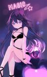  1girl akemi_homura arm_support bangs bare_arms bare_shoulders bikini black_bikini black_choker black_footwear breasts choker closed_mouth collarbone commentary_request crossed_legs english_text eyebrows_visible_through_hair feet_out_of_frame glowing hair_between_eyes highres hinayuki_usa long_hair looking_at_viewer magia_record:_mahou_shoujo_madoka_magica_gaiden mahou_shoujo_madoka_magica neon_lights purple_eyes purple_hair sitting small_breasts smile solo star swimsuit very_long_hair water 