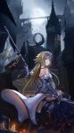  1girl absurdres armor armored_boots armored_dress banner black_legwear black_panties blonde_hair boots detached_sleeves fate/apocrypha fate_(series) floating_hair from_behind full_moon fur-trimmed_legwear fur-trimmed_sleeves fur_trim gauntlets highres holding holding_sword holding_weapon jeanne_d&#039;arc_(fate) jeanne_d&#039;arc_(fate)_(all) long_hair long_sleeves looking_at_viewer moon night outdoors panties purple_eyes shi_qi_kuang_beng shoulder_blades solo standing sword thighhighs underwear very_long_hair weapon 