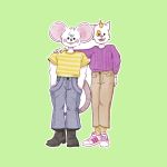  1:1 blush clothing digital_media_(artwork) domestic_cat duo felid feline felis hi_res male male/male mammal mouse murid murine punstar rodent simple_background slightly_chubby smile 