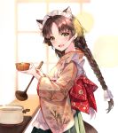  1girl :d animal_ear_fluff animal_ears apron bangs blurry blurry_background blush bow bowl braid breasts brown_hair brown_kimono cat_ears commentary_request depth_of_field earrings eyebrows_behind_hair floral_print frilled_apron frills green_eyes hair_ribbon highres holding holding_bowl japanese_clothes jewelry kimono ladle long_hair long_sleeves looking_at_viewer looking_to_the_side low_twintails maid_headdress open_mouth original parted_bangs pierorabu pot print_kimono red_bow ribbon small_breasts smile solo steam twin_braids twintails very_long_hair wa_maid white_apron white_ribbon wide_sleeves window 