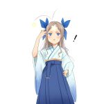  ! 1girl annin_musou asakaze_(kantai_collection) bangs blue_bow blue_eyes blue_hakama bow commentary_request cowboy_shot forehead furisode hakama highres japanese_clothes kantai_collection kimono light_brown_hair long_hair looking_up meiji_schoolgirl_uniform parted_bangs sidelocks simple_background solo standing star wavy_hair white_background white_kimono 