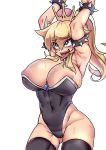  1girl abs absurdres ahegao areolae arm_up armlet armpit_peek armpits arms_up bangs bare_shoulders black_collar black_legwear black_leotard blonde_hair blush bowsette bracelet breasts cleavage collar covered_navel cowboy_shot crown curvy dress eyebrows_visible_through_hair genderswap hair_between_eyes hand_up highres horns jewelry large_areolae large_breasts leotard long_hair mario_(series) midriff navel new_super_mario_bros._u_deluxe open_mouth plump puffy_nipples sharp_teeth simple_background sleeveless smile solo solo_focus spiked_armlet spiked_bracelet spiked_collar spikes standing stomach strapless strapless_dress strapless_leotard super_crown super_mario_bros. sweat teeth thighhighs togin tongue tongue_out white_background 