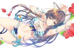  1girl animal_ear_fluff animal_ears arm_up armpits ass_visible_through_thighs bare_arms bare_shoulders bikini blue_bikini braid breasts brown_eyes brown_hair cat_ears cleavage collarbone flower frills hibiscus large_breasts leg_ribbon long_hair looking_at_viewer miwabe_sakura navel original parted_lips petals red_flower ribbon simple_background solo star stomach striped striped_bikini swimsuit thigh_gap thighs very_long_hair water_drop white_background white_ribbon wrist_ribbon 