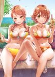  2girls :d anklet bangs bikini bird blue_ribbon blue_sky breasts brown_eyes brown_hair bubble_tea chiyosuke_(nosuke21) cleavage couch cup day drinking_straw eyebrows_visible_through_hair front-tie_bikini front-tie_top grin hair_between_eyes hair_ribbon highres holding holding_cup honda_mio houjou_karen idolmaster idolmaster_cinderella_girls idolmaster_cinderella_girls_starlight_stage jewelry medium_breasts multiple_girls navel necklace ocean on_couch one_eye_closed open_mouth orange_bikini ribbon sandals side-tie_bikini sitting sky smile sweat swept_bangs swimsuit tress_ribbon yellow_bikini yellow_eyes 