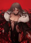  1girl breasts brown_hair choker cleavage consort_yu_(fate) ear_piercing fate/grand_order fate_(series) fur_collar highres long_hair medium_breasts navel off_shoulder piercing red_background red_eyes smile yohaku 