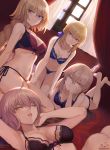  4girls ;p ahoge all_fours arm_support artoria_pendragon_(all) bangs bare_shoulders black_bra black_panties blonde_hair blue_eyes blue_ribbon blush bow bow_bra bra braid breasts cleavage closed_mouth collarbone crossed_ankles crown_braid dutch_angle elbow_rest expressionless eyebrows_visible_through_hair fate/apocrypha fate/grand_order fate/stay_night fate_(series) flower green_eyes groin hair_between_eyes hair_bun hair_ribbon half-closed_eyes hand_on_own_cheek hand_on_own_knee head_tilt highres indoors jeanne_d&#039;arc_(alter)_(fate) jeanne_d&#039;arc_(fate) jeanne_d&#039;arc_(fate)_(all) jewelry knees_together_feet_apart large_breasts leaning_back leaning_forward lingerie long_hair looking_at_viewer lying mashuu_(neko_no_oyashiro) medium_breasts multiple_girls navel necklace on_back on_bed one_eye_closed panties parted_lips red_bra red_flower removed ribbon ribbon-trimmed_bra rose saber saber_alter side-tie_panties sidelocks signature single_braid sitting smile stomach table tareme thighs tongue tongue_out twitter_username underwear underwear_only very_long_hair wariza window yellow_eyes 