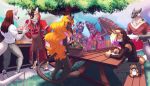  absurd_res anthro apron barbecue canid canine clothed clothing dragon felid feline female flower food fur group hair hi_res lynx male mammal outside plant sitting smile standing tanks_(artist) 