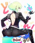  1boy ass backless_outfit biker_clothes black_gloves black_jacket closed_mouth fire frilled_shirt_collar frilled_sleeves frills galo_thymos gloves green_hair half_gloves highres jacket lio_fotia looking_back male_focus promare purple_eyes wadani_hitonori zipper 