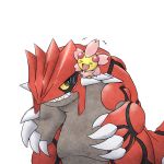  black_eyes blush cherrim claws closed_eyes gen_3_pokemon gen_4_pokemon groudon happy highres kashiwa_(3920kashiwa) legendary_pokemon light_blush looking_at_another looking_to_the_side no_humans notice_lines open_mouth pokemon pokemon_(creature) sharp_teeth simple_background size_difference smile spike standing sweat teeth white_background yellow_sclera 