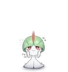  angry blush bob_cut eyebrows_visible_through_hair flying_sweatdrops full_body gen_3_pokemon green_hair highres kashiwa_(3920kashiwa) looking_at_viewer no_humans pokemon pokemon_(creature) ralts red_eyes short_hair simple_background solo standing tears translation_request trembling wavy_eyes white_background white_skin 