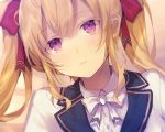  1girl blonde_hair blurry bow bowtie closed_mouth collared_shirt commentary_request expressionless hair_ribbon head_tilt long_hair looking_at_viewer nijisanji portrait purple_eyes red_ribbon ribbon shirt sidelocks solo takamiya_rion tnk319 twintails undershirt virtual_youtuber white_neckwear white_shirt wing_collar 