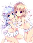  2girls :d ankle_cuffs azumi_kazuki bangs bare_shoulders barefoot blue_eyes blue_hair blush breasts brown_hair cleavage collarbone commentary_request eyebrows_visible_through_hair fingernails food_themed_hair_ornament gochuumon_wa_usagi_desu_ka? hair_between_eyes hair_ornament hair_ribbon highres holding holding_hands hoto_cocoa interlocked_fingers kafuu_chino large_breasts long_hair looking_at_viewer multiple_girls open_mouth parted_lips pleated_skirt purple_eyes ribbon simple_background skirt small_breasts smile strawberry_hair_ornament very_long_hair white_background white_ribbon white_skirt wrist_cuffs x_hair_ornament 