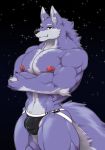  anthro bulge canid canine canis clothed clothing croiyan crossed_arms hi_res jockstrap looking_at_viewer male mammal muscular muscular_male nipples pecs smile solo topless underwear wolf 