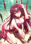  1girl bangs bikini blush bracelet breasts cleavage collarbone day eyebrows_visible_through_hair fate/grand_order fate_(series) flower gabiran gae_bolg hair_between_eyes hair_flower hair_ornament hibiscus holding jewelry kneeling large_breasts long_hair looking_at_viewer navel open_mouth partially_submerged polearm purple_bikini purple_hair red_eyes scathach_(fate)_(all) scathach_(swimsuit_assassin)_(fate) smile solo spear swimsuit very_long_hair weapon wet 