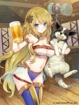  1girl alcohol animal armlet bare_shoulders beer beer_mug blonde_hair blue_eyes blue_legwear blush breasts cleavage collar dog eyebrows_visible_through_hair hair_ornament hammer hug long_hair navel revealing_clothes smile solo teikoku_senki thighhighs yuuki_rika 