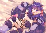  1girl :d abstract_background animal_ear_fluff animal_ears back_bow black_panties bow breasts cosplay cowboy_shot dangerous_beast elbow_gloves fate/grand_order fate/stay_night fate_(series) gloves hair_bow highres hizuki_higure large_breasts long_hair looking_at_viewer mash_kyrielight mash_kyrielight_(cosplay) matou_sakura navel open_mouth panties paw_pose pink_bow purple_eyes purple_gloves purple_hair purple_legwear revealing_clothes smile solo tail thighhighs underwear 