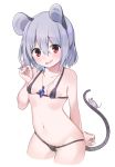  1girl akagashi_hagane animal_ears bikini black_bikini breasts grey_hair groin hand_in_hair jewelry micro_bikini mouse mouse_ears mouse_tail navel nazrin open_mouth pendant red_eyes short_hair simple_background small_breasts smile swimsuit tail touhou white_background 