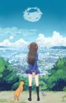  1girl arms_behind_back black_legwear blue_shirt blue_skirt blue_sky bow brown_footwear brown_hair building cat cityscape cloud day facing_away fruits_basket hair_bow highres honda_tooru kneehighs long_hair lord_ezyn outdoors pink_bow rat scenery school_uniform shirt skirt sky skyscraper souma_kyou souma_yuki tree very_long_hair 