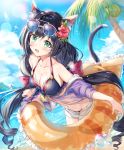  1girl adjusting_eyewear animal_ear_fluff animal_ears bangs bare_shoulders beach bikini black_hair blue_sky blush breasts cat_ears cat_tail cloud day eyebrows_visible_through_hair eyewear_on_head green_eyes holding holding_innertube innertube jacket kyaru_(princess_connect) long_hair looking_at_viewer low_twintails multicolored_hair narae navel ocean off_shoulder open_fly open_mouth outdoors palm_tree princess_connect! princess_connect!_re:dive purple_bikini purple_jacket sand short_shorts shorts signature simple_background sky solo sparkle streaked_hair sunglasses swimsuit tail tree twintails very_long_hair water_drop white_hair white_shorts 