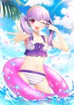  1girl ;d bang_dream! bangs bikini breasts cleavage collarbone day frilled_bikini frills hairband innertube long_hair minori_(faddy) navel one_eye_closed open_mouth outdoors outstretched_arm palm_leaf petals purple_hair red_eyes smile solo striped striped_bikini swimsuit twintails udagawa_ako v-shaped_eyebrows v_over_eye wading water 