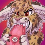  1:1 2018 brown_eyes citrinelle digital_media_(artwork) felid feline food fur lynx mammal meat pink_nose purple_background simple_background solo tan_fur teeth 