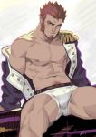  1boy abs absurdres alejandro_tio bara beard blue_eyes briefs brown_hair chest clothes_around_waist epaulettes facial_hair fate/grand_order fate_(series) highres jacket_around_waist long_sleeves looking_at_viewer male_focus muscle napoleon_bonaparte_(fate/grand_order) open_clothes pectorals scar simple_background smile solo thighs underwear uniform upper_body 
