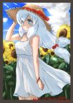  1girl :d bangs bare_arms bare_shoulders blue_eyes blue_sky border bracelet cloud commentary_request dated day dress eromanga_sensei eyebrows_visible_through_hair flower hand_on_headwear hand_up hat hat_ribbon highres izumi_sagiri jewelry long_hair looking_at_viewer low-tied_long_hair open_mouth outdoors red_ribbon ribbon signature sky sleeveless sleeveless_dress smile solo sun_hat sunflower thick_eyebrows twitter_username white_dress white_hair yonaka-nakanoma 