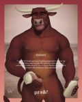  4:5 abs anthro balls bodily_fluids bovid bovine brown_eyes brown_fur cattle condom cum erection filled_condom fur genital_fluids got_milk hi_res horn licking licking_lips male mammal muscular muscular_male nipples pecs penis rov self_lick solo tongue tongue_out 