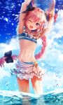  1boy ;d abandon_ranka armpits arms_up astolfo_(fate) ball bikini black_bow blue_bikini blue_sky bow braid cloud day eyebrows_visible_through_hair fang fate/extella fate/extella_link fate/extra fate_(series) hair_bow highres holding holding_ball long_hair looking_at_viewer male_focus navel ocean one_eye_closed open_mouth otoko_no_ko partially_submerged pink_hair purple_eyes red_bow single_braid sky smile solo star swimsuit wrist_bow 